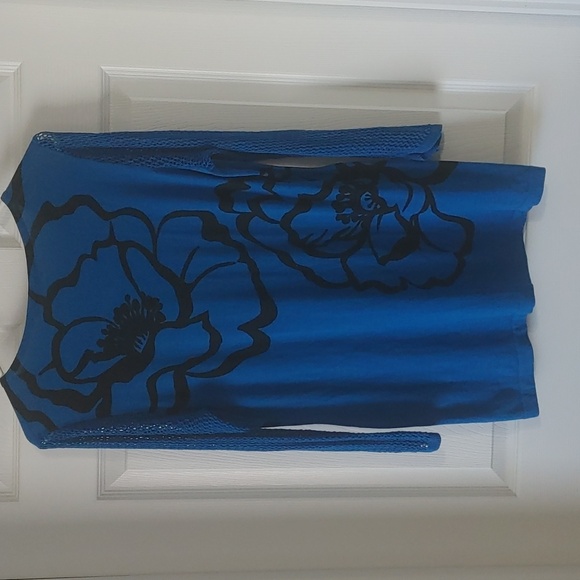 Stunning Blue Sweater w/Black Floral & Beaded Tunic Women's Sz Sm Or Slim Med - Picture 5 of 8